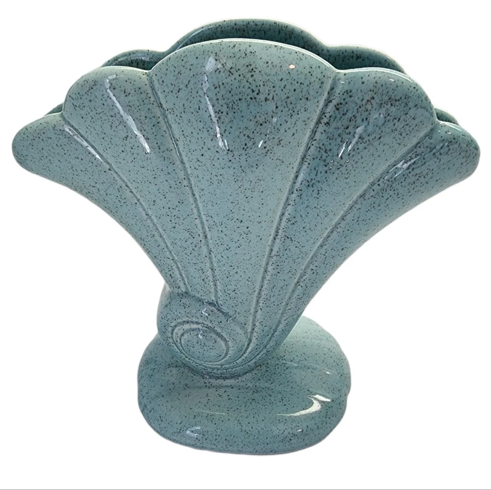 Vintage Red Wing Teal Blue Ceramic Fan Shell Vase